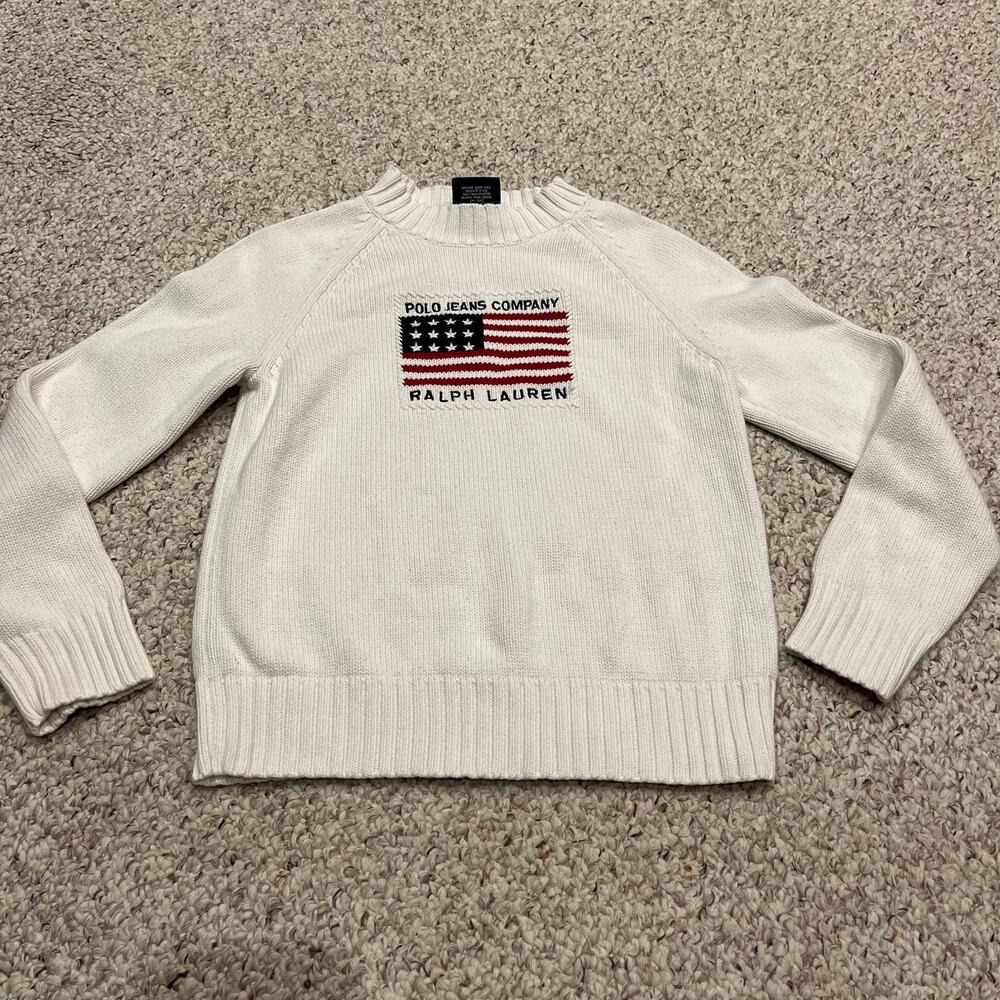 Ralph Lauren White Flag Logo Crewneck Sweater Womens M